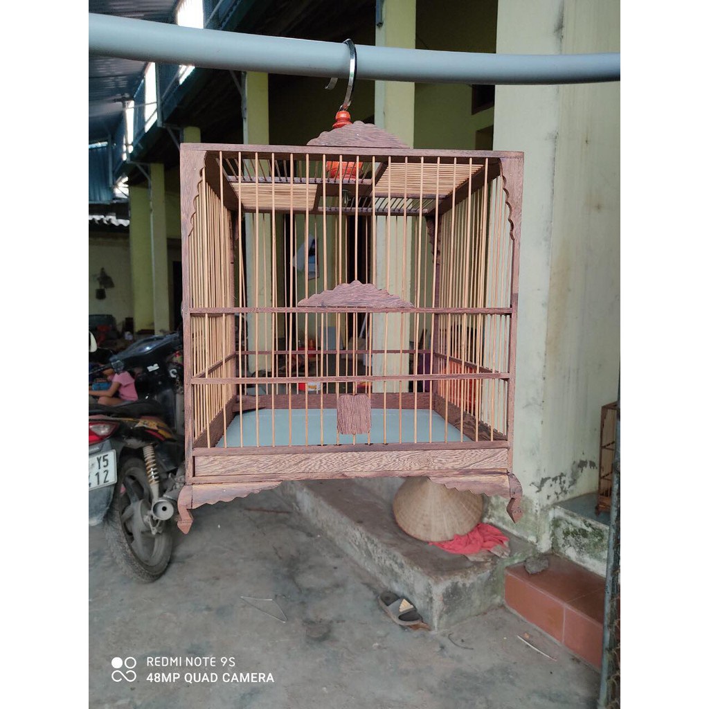 Lồng chim Chào mào tự ráp gỗ Mun chân quỳ lá Đề. Đầy đủ phụ kiện. Lắp ráp dễ dàng
