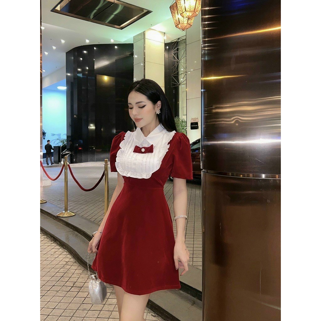 Đầm phối cổ bèo dập ly đính nơ siêu xinh xắn siêu quyến rũ
