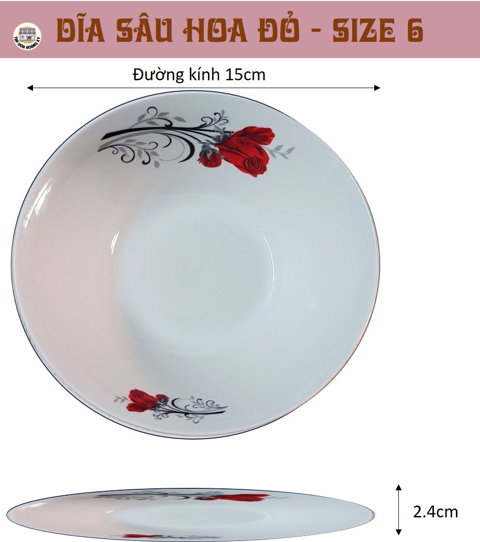 Dĩa tròn sâu gốm sứ họa tiết Hoa đỏ