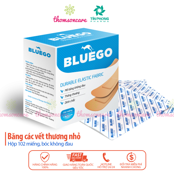 Băng vết thương cá nhân Bluego Hộp 102 miếng size 19x72mm - băng dính y tế cầm máu, các vết trầy xước nhập khẩu