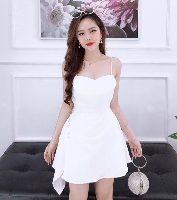 Váy đầm nữ dự tiệc hai dây phối hạt eo