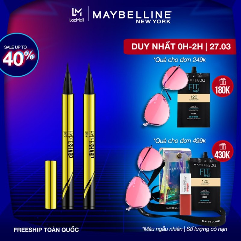 [Bộ trang điểm] Bộ đôi bút kẻ mắt nước siêu sắc mảnh không lem, trôi Hyper Sharp Maybelline New York