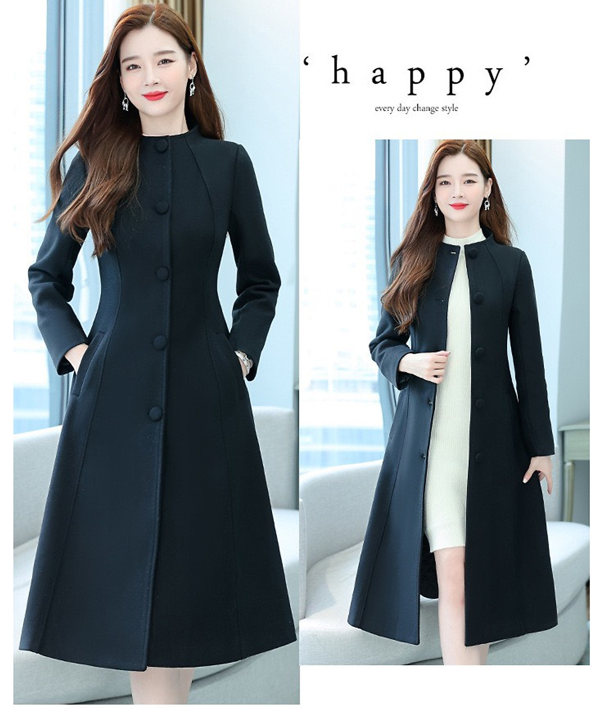 Áo khoác dạ cổ trụ dáng dài