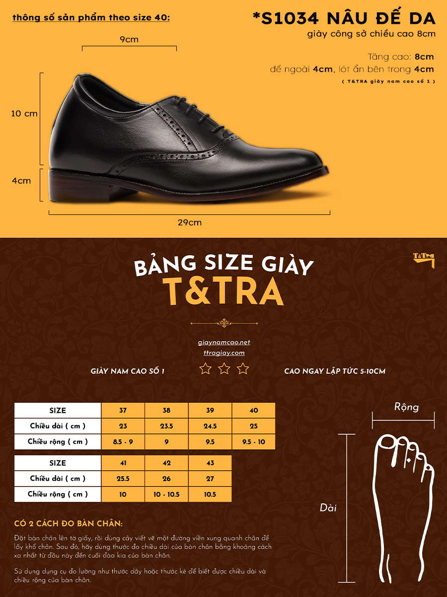 [ 8CM ] Giày Đế Cao Nam T&TRA S1034ĐĐD