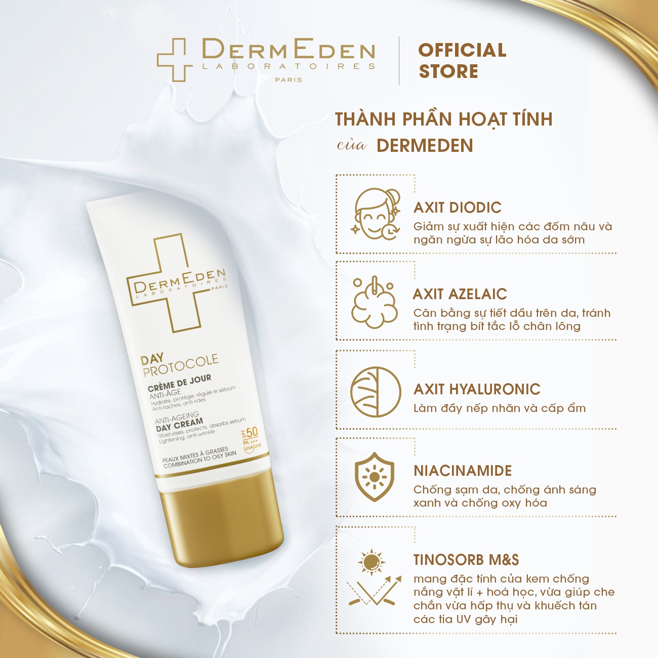 [Mẫu thử]Kem chống nắng DermEden SPF 50PA +++ kết hợp dưỡng da cho da dầu  chống lão hoá, giảm nám tàn nhang và nếp nhăn Anti-Aging Combination to Oily Skin 3ml