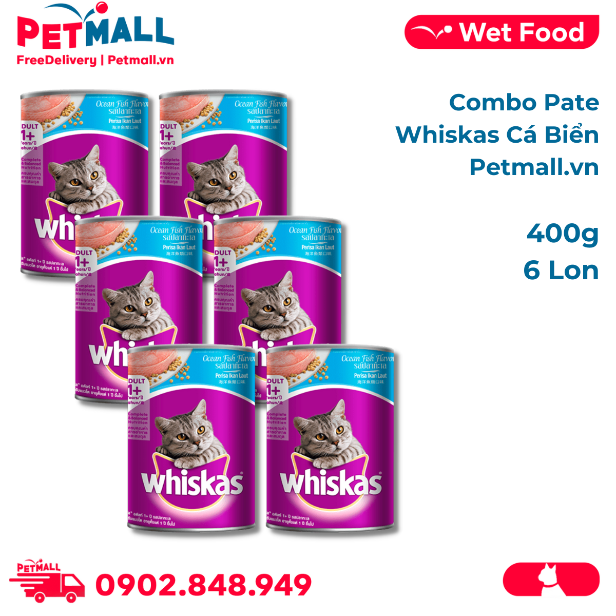 Combo pate mèo whiskas ocean fish flavour 400g - 6 lon - vị cá biển petmall
