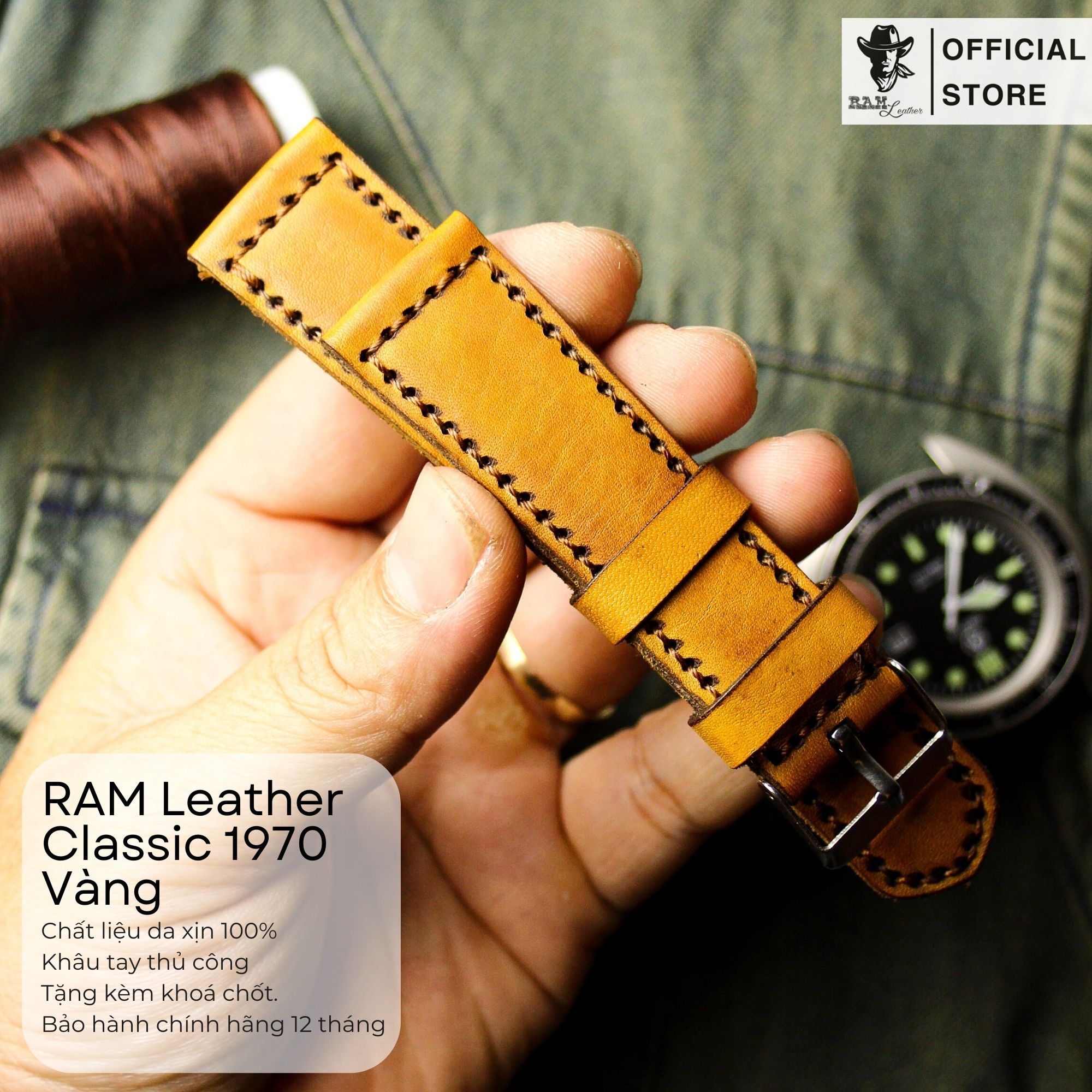 Dây da đồng hồ Siêu bền Da Bò Vegtan Ý RAM Leather Classic 1970 Vàng Hàng Chính Hãng RAM Leather