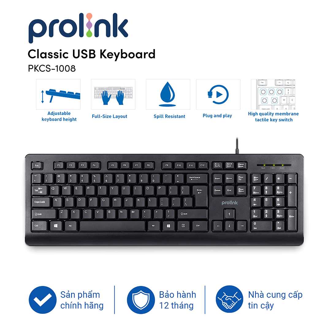 Bàn phím máy tính có dây PROLiNK PKCS1008 Fullsize cao cấp, chống thấm