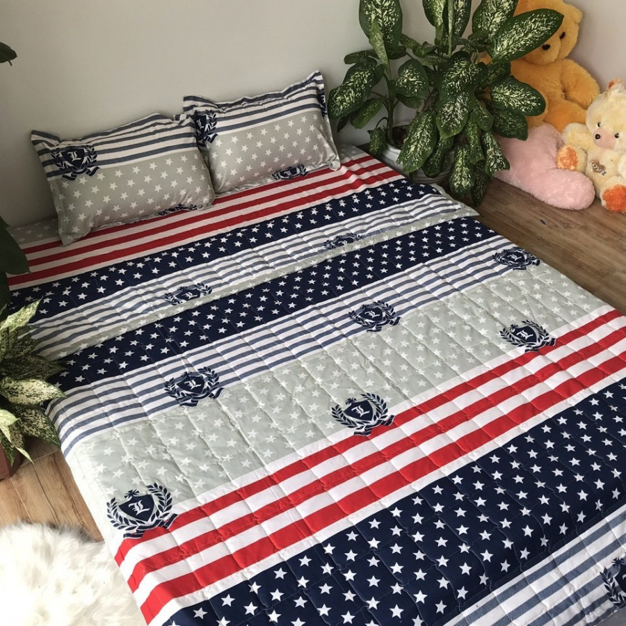 Bộ chăn Phao Kèm Ga Và Vỏ Gối Chất Cotton Poly Mẫu CỜ MỸ