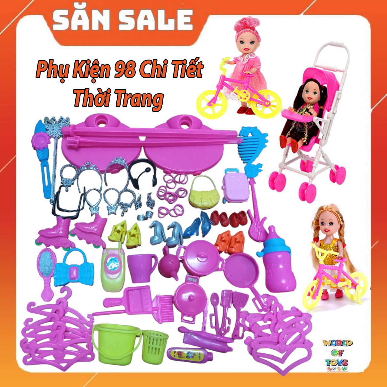 Bộ Phụ Kiện 98 Chi Tiết Thời Trang Dành Cho Búp Bê + Tặng Kèm 02 Búp Bê Chibi