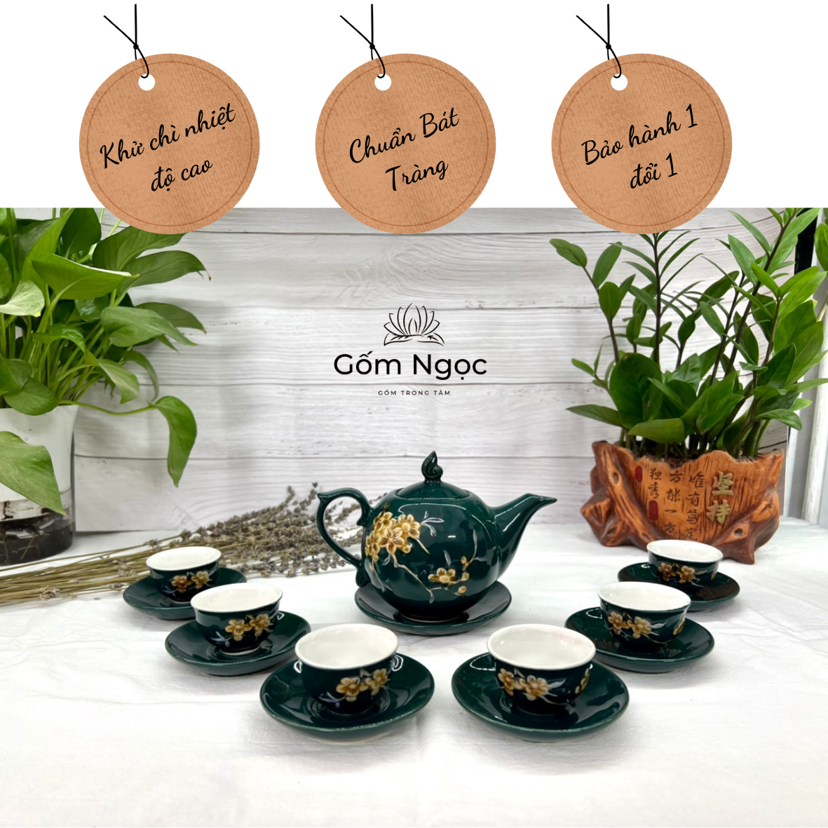 Ấm chén ấm tách  pha trà hoa đào Bát Tràng gốm cao cấp.