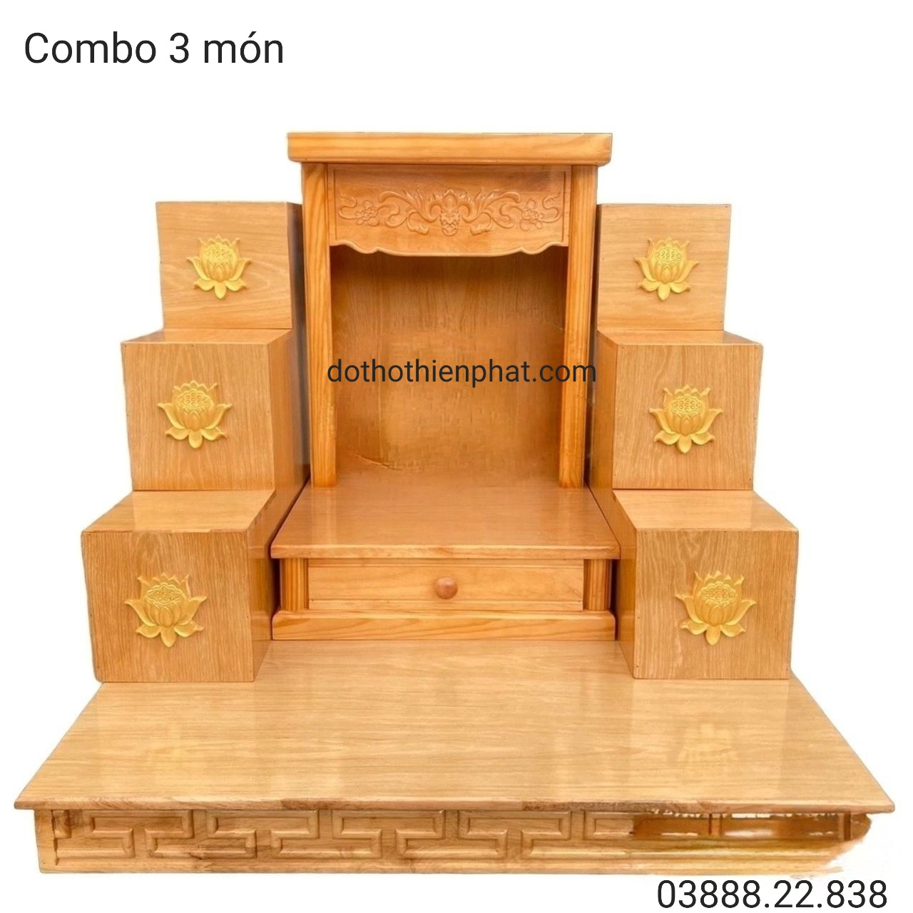 Combo Bộ Bàn thờ Thần tài gỗ sồi ,Bàn kê gỗ sồi, Bục kê, bục tam cấp gỗ sồi đặt bàn thần tài thổ địa