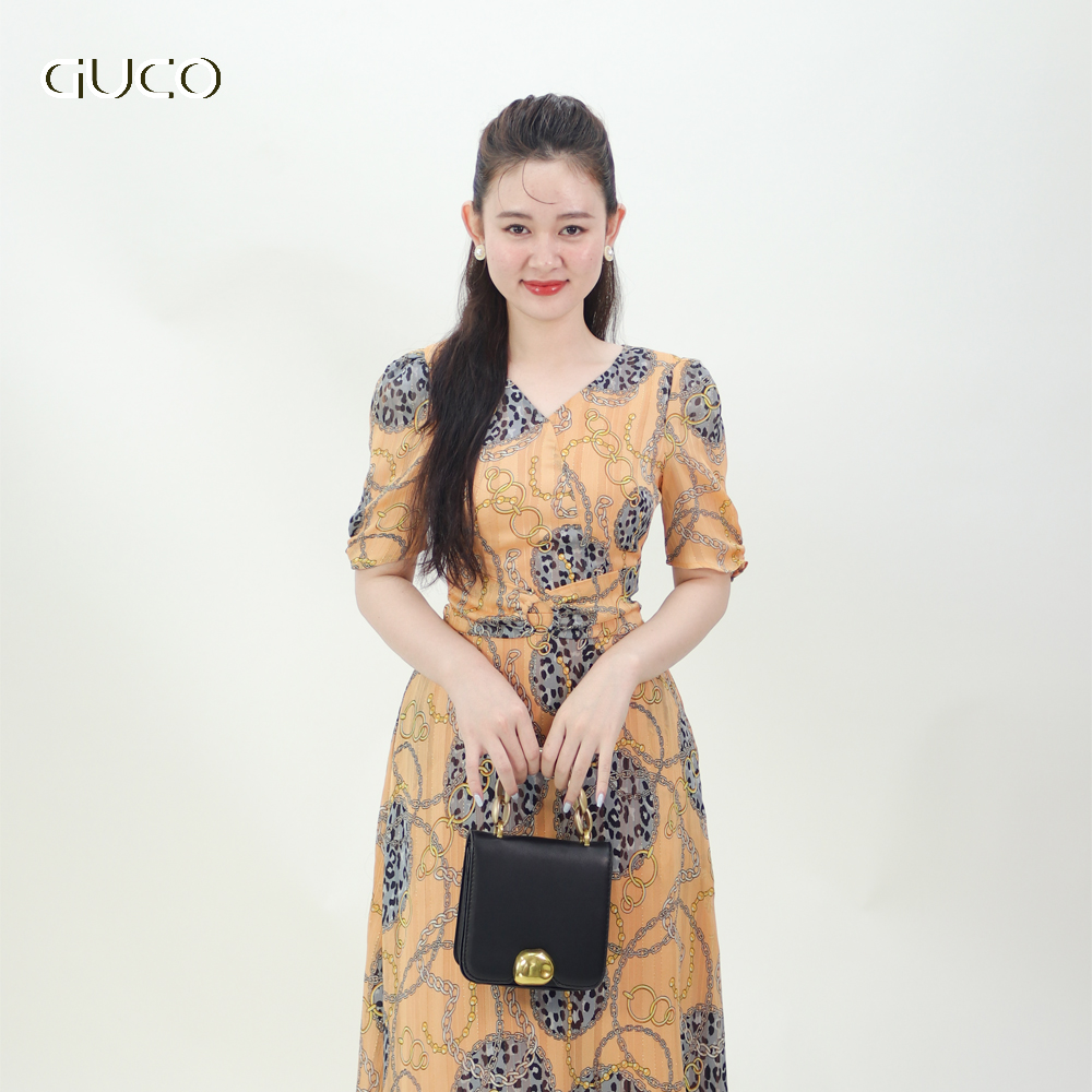 Đầm xòe midi cổ tim có khoen eo - Vàng 3860