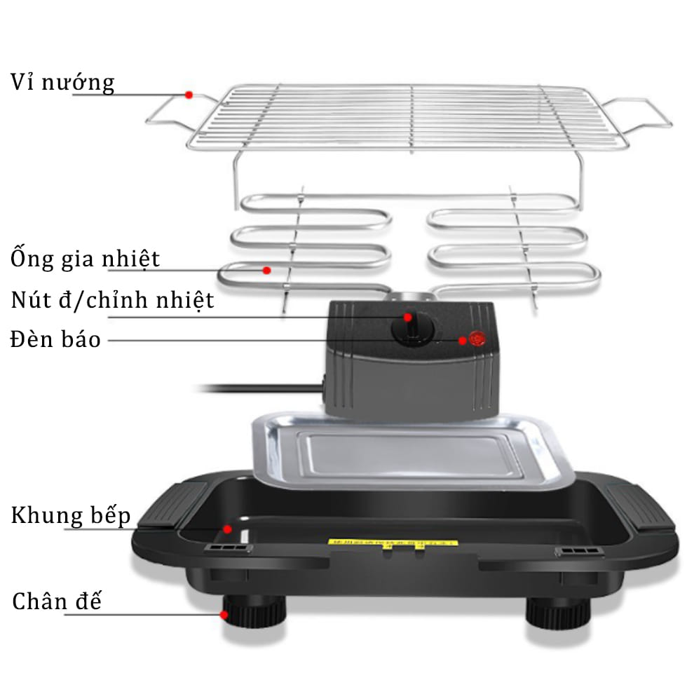 Bếp Nướng Không Khói - Bếp Nướng Điện, Thiết Kế Thông Minh, Trọng Lượng Cực Nhẹ Chỉ 1,5kg Rất Tiện Cho Việc Sử Dụng Tại Nhà, Di Chuyển Làm Tiệc BBQ Tết