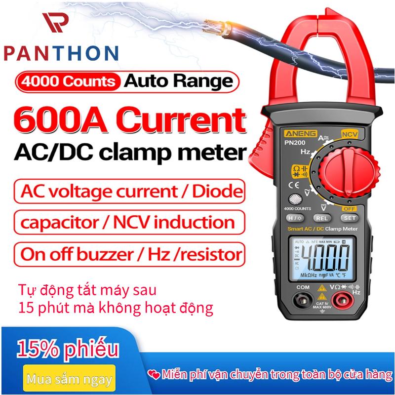 Panthon pn200 digital clamp meter multimeter ac current and ac/dc 4000 counts voltage tester with amp volt ohm resistance test auto-ranging