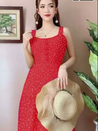 Đầm maxi chấm bi hai dây kết nút nhiều màu