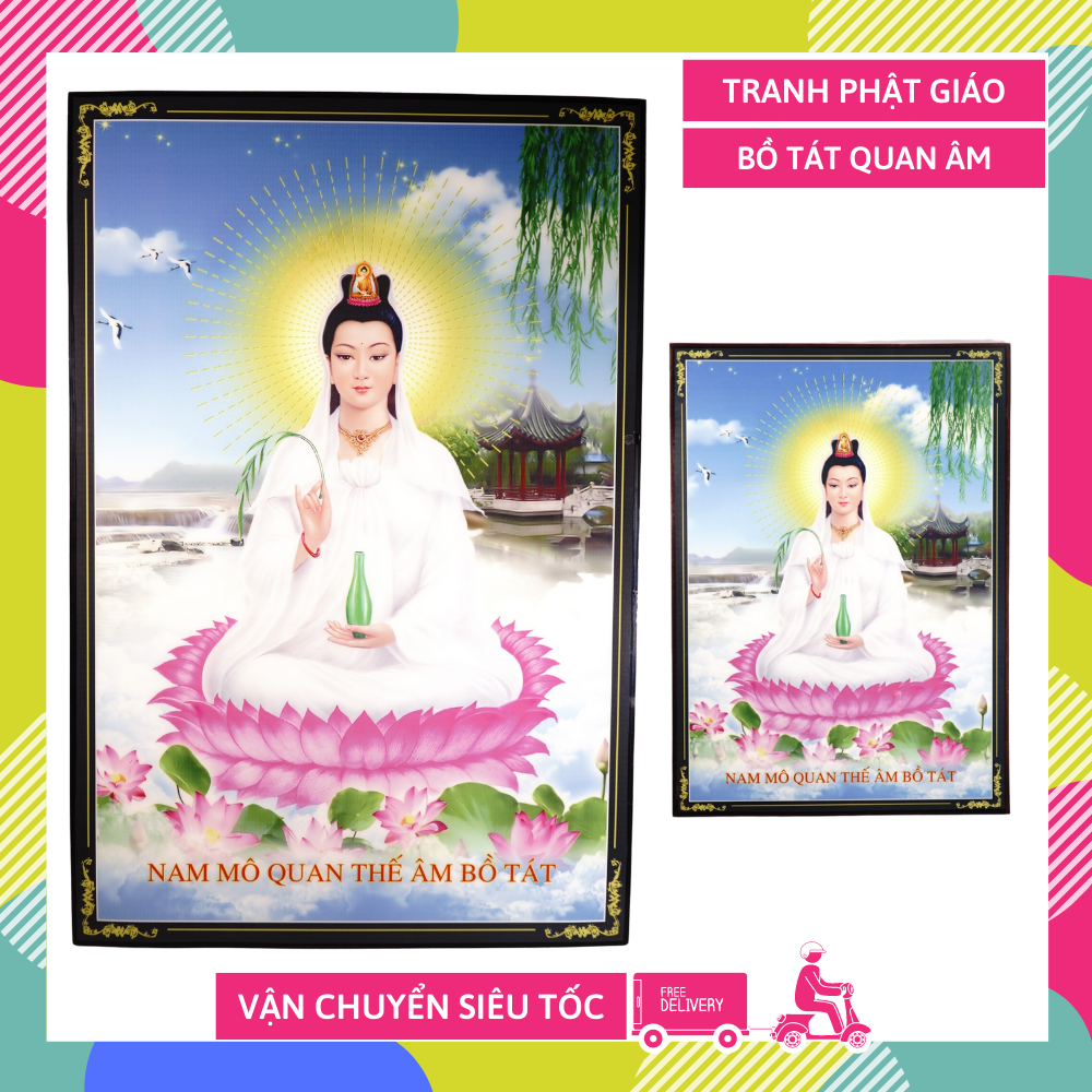 Tranh Phật Quan Âm Bồ Tát áo trắng ngồi đài sen giữa hồ - 2 cỡ