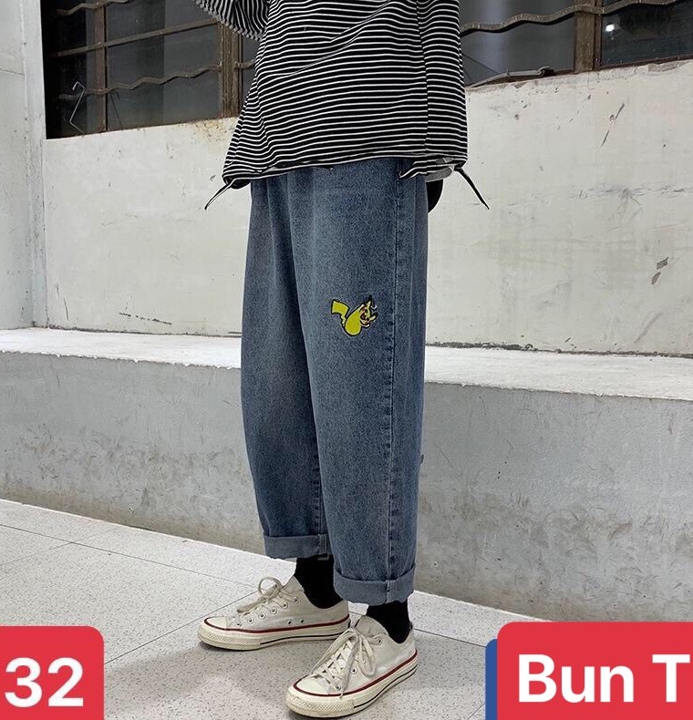 QUẦN BAGGY JEAN NAM CHẤT BÒ XANH THÊU PIKASU ỐNG RỘNG DÀI HOT TREND MÙA HÈ DB-32 - TRANG BUN FASHION