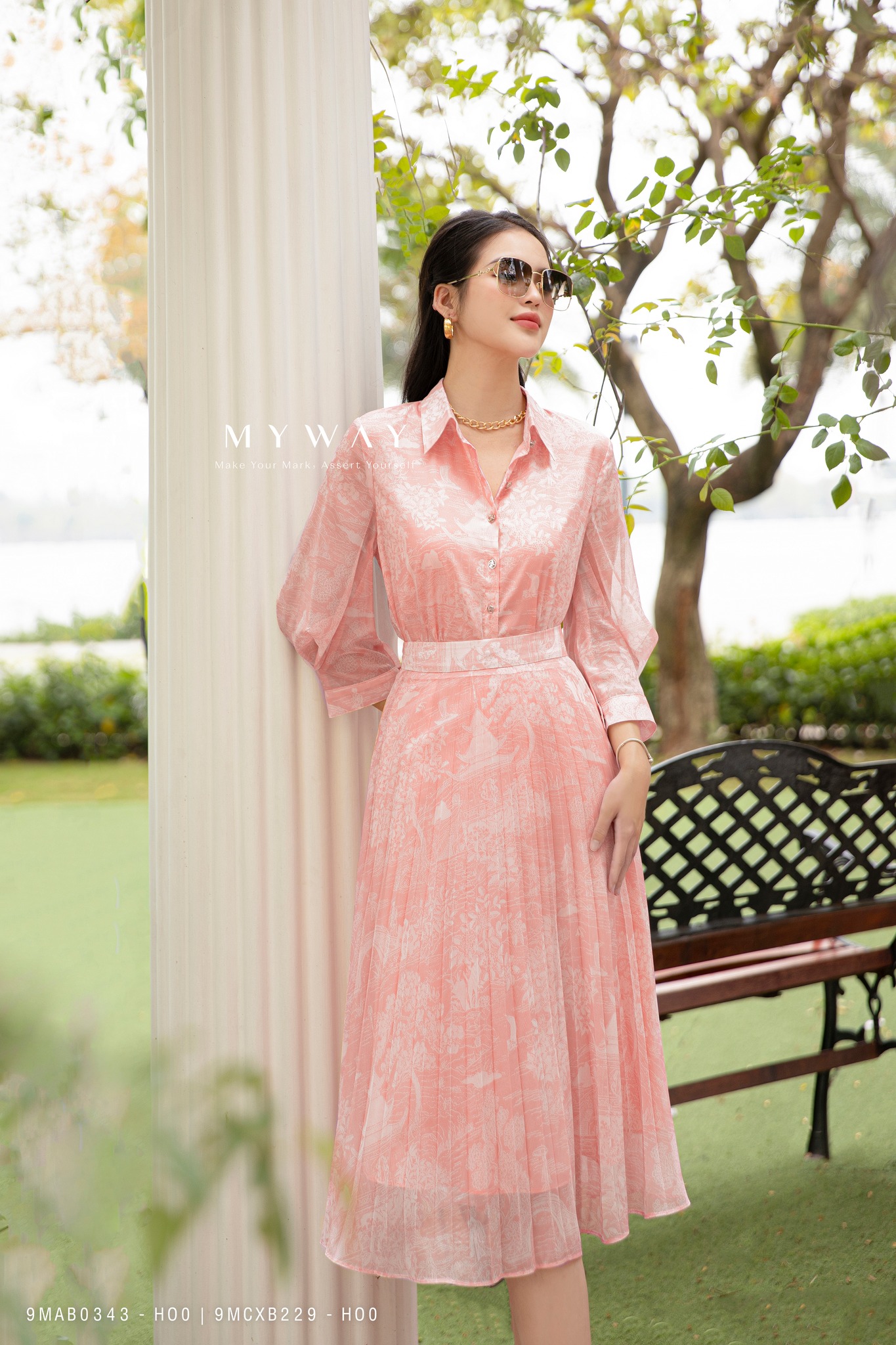 Set áo sơ mi và chân váy xòe xếp ly công sở nữ my way tay bồng cao cấp 9mab0343 - 9mcxb229 ho0