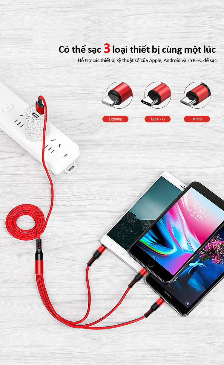 (HCM) DS7-Dây Cáp Sạc Điện Thoại Đa Năng 3 in 1 siêu nhanh 2.1A bọc dù 3 Đầu Lightning- Type C- Micro cho Iphone Samsung Oppo màu ngẫu nhiên