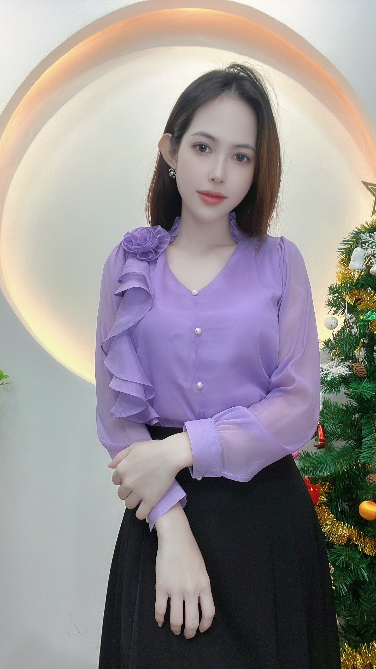 AN33- ÁO KIỂU CÔNG SỞ TAY DÀI BÈO HOA