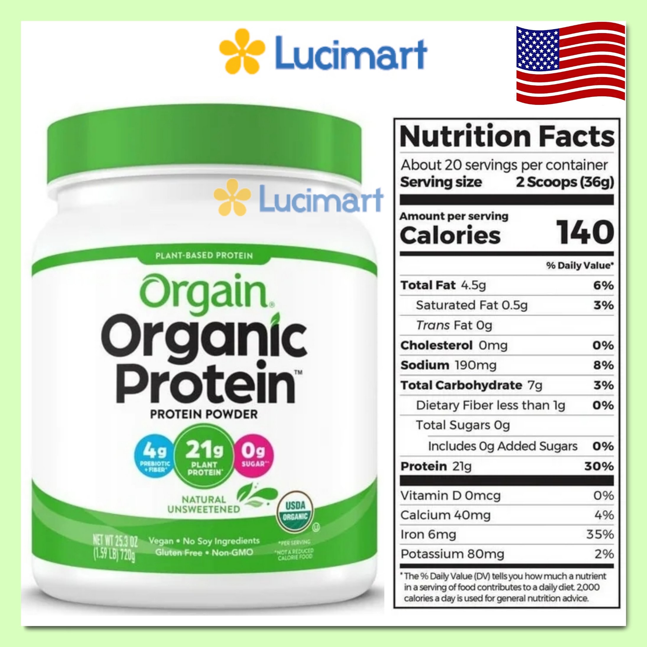 [HCM]Bột đạm thực vật hữu cơ Orgain Organic Protein Plant Based Protein Powder Natural Unsweetened (720g) [Hàng Mỹ]