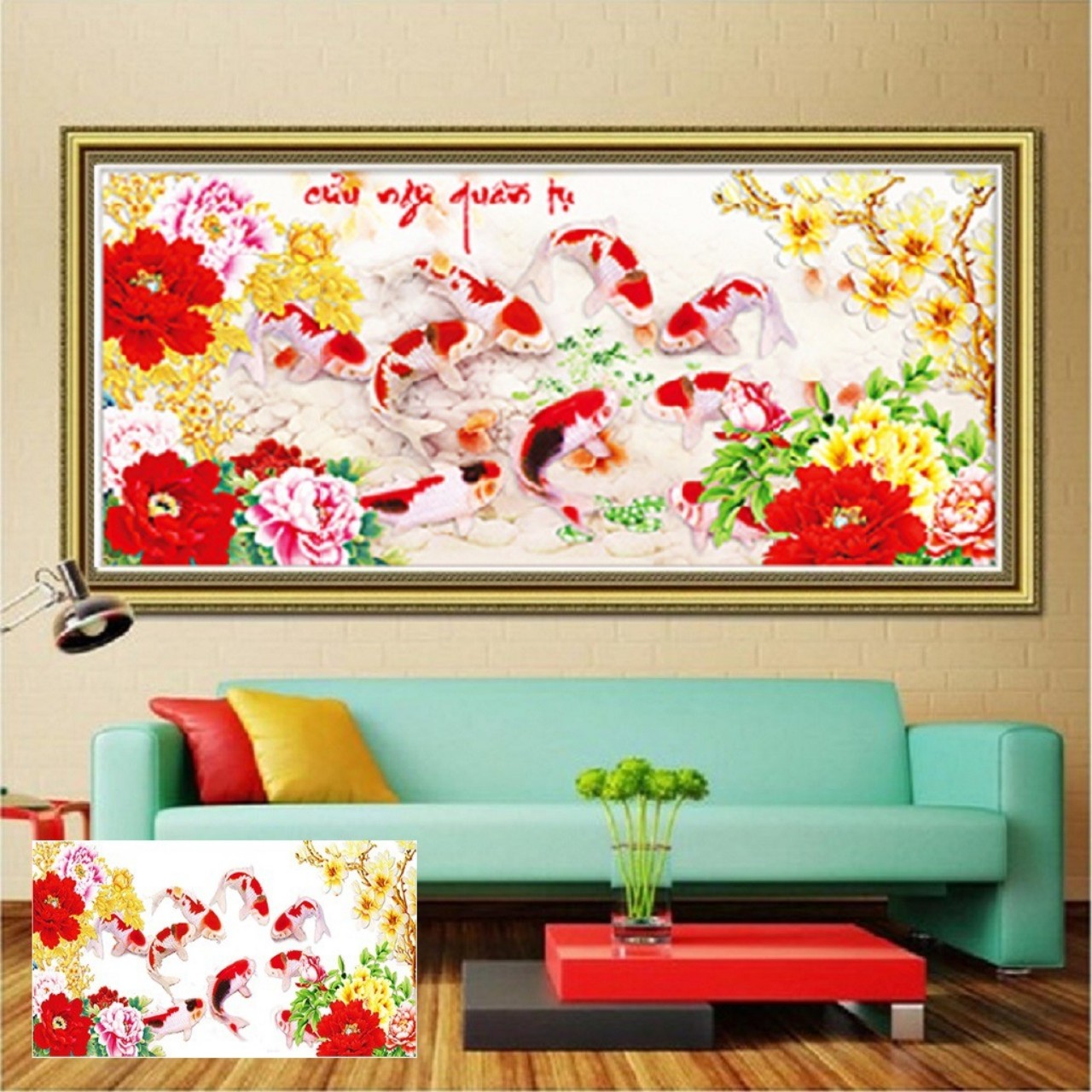 Tranh đính đá Cửu ngư quần hội 149x7cm