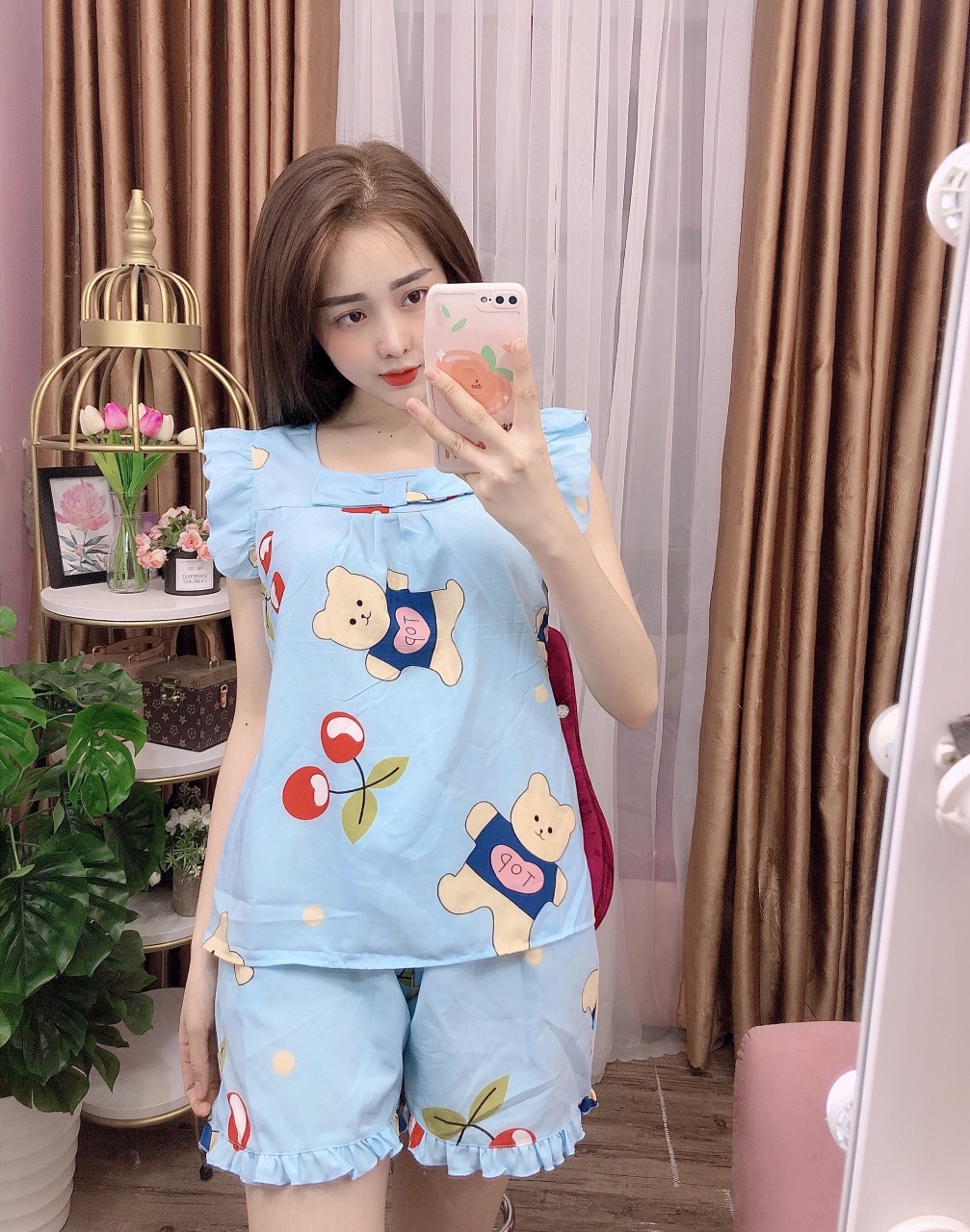 Đồ bộ lụa đùi mặc nhà họa tiết hình thú dễ thương có size 40-70kg - lua08