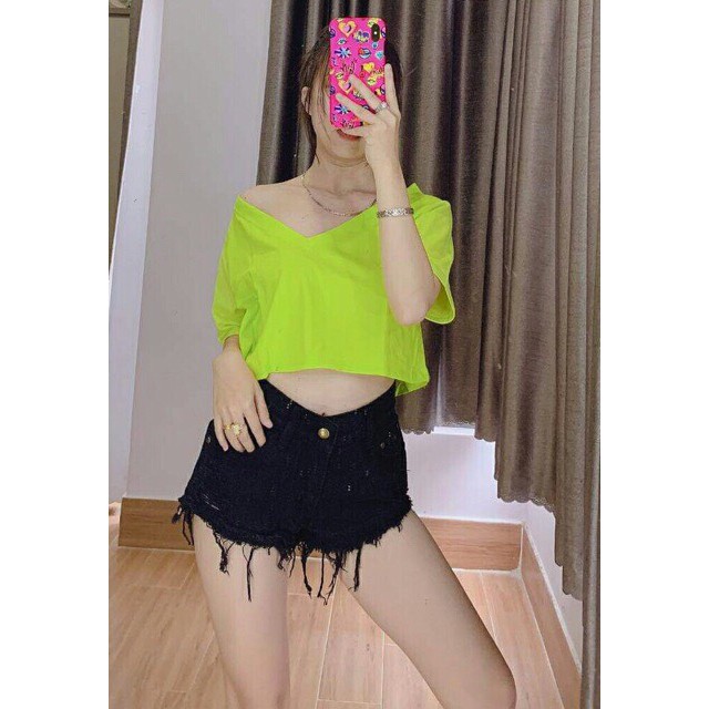 Áo Thun Croptop Cổ Tim Đủ Màu Siêu Dễ Thương