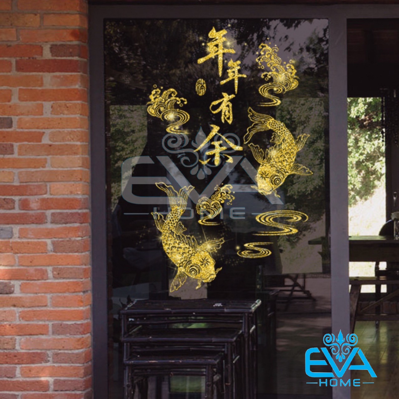 [HCM]Decal Dán Tường Dán Kính Trang Trí Tết Họa Tiết Cá Chép Dư Dã Tài Lộc Nhũ Vàng XL6603 M2794