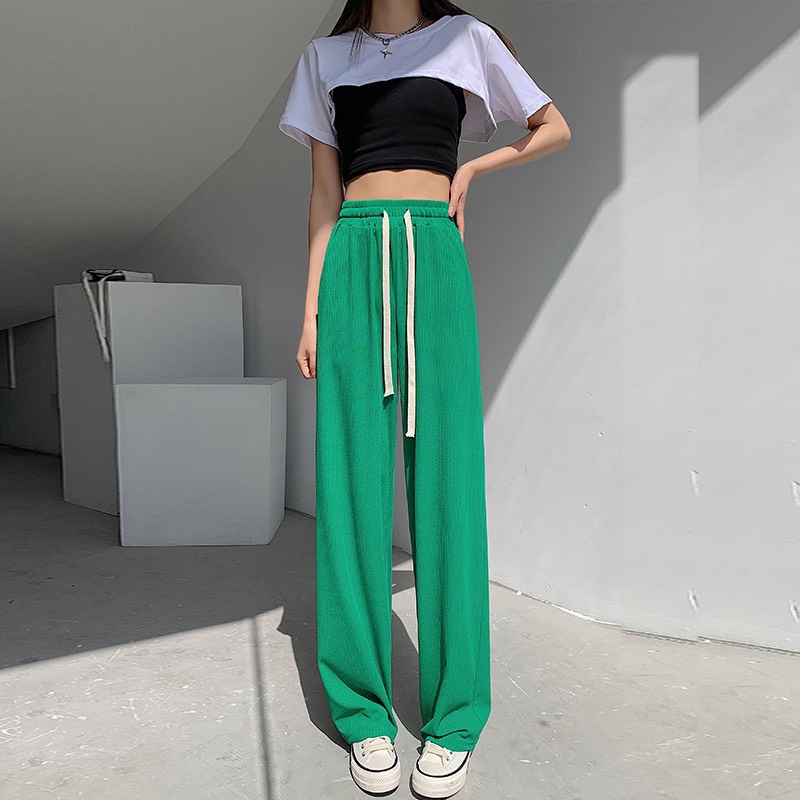 Quần ống rộng dài 95cm thun tăm xuất hàn lưng cao cạp chun dây rút dáng xuông dài Quần culottes ống suông co dãn vải mát