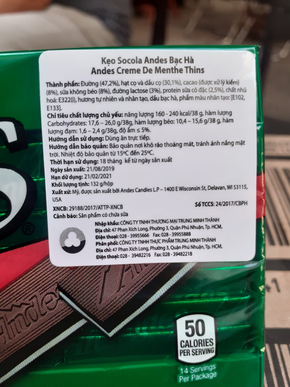 Socola Andes Bạc hà Mỹ 132g