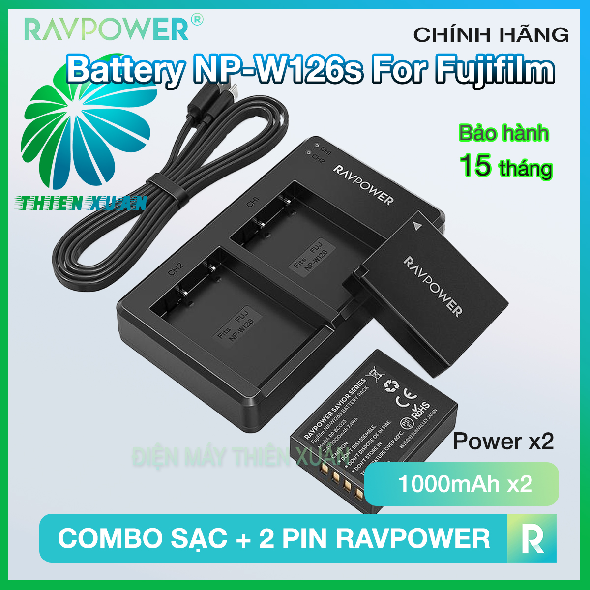 Bộ 2 pin và sạc kép RAVPower NP-W126S Cho Fujifilm XT30 XT20 10 XT3 XA7 X100V X100F XT200 XA5 XPRO3