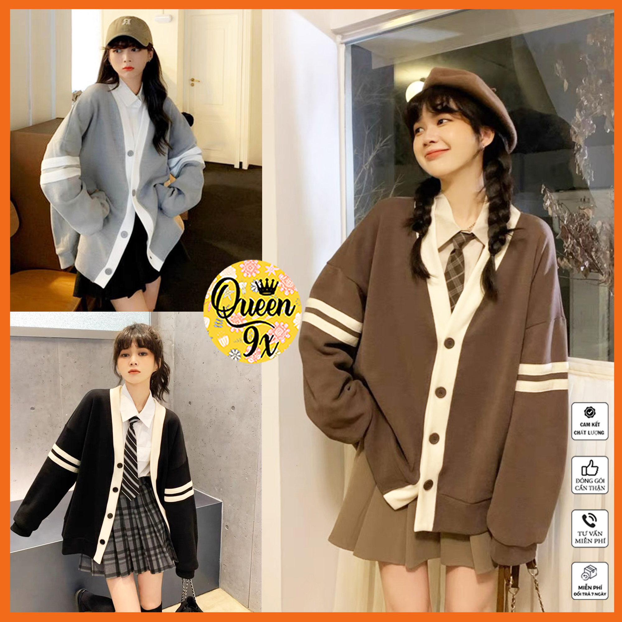 Áo Khoác Cardigan 2 Sọc Tay Xám Đen Nâu Basic