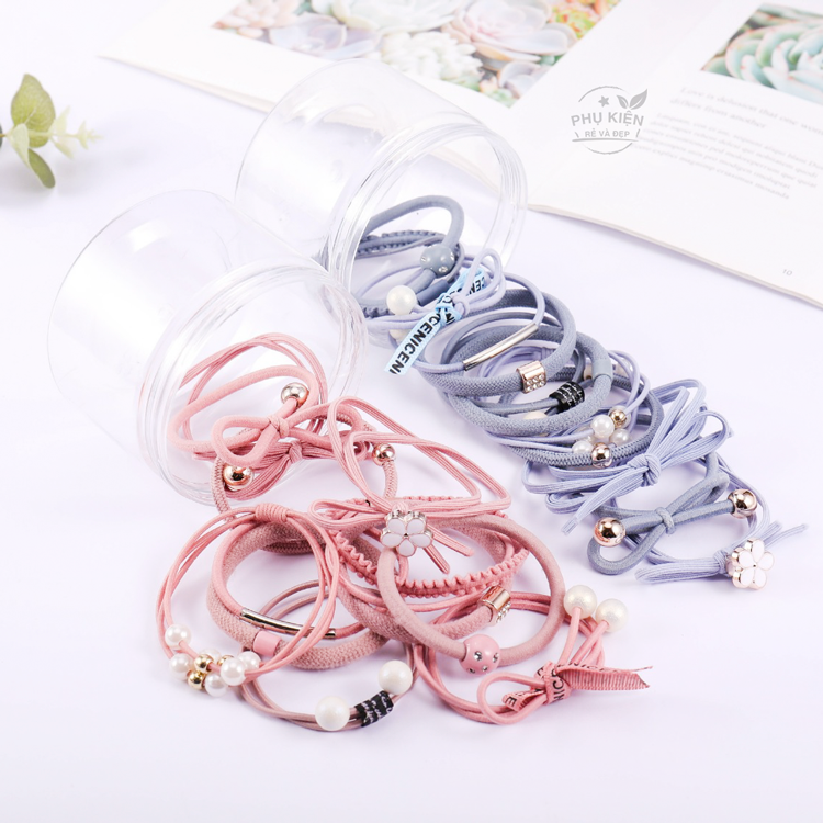 [HCM]Set 12 thun cột tóc Hàn Quốc dễ thương - Gồm hộp (Màu hồng)