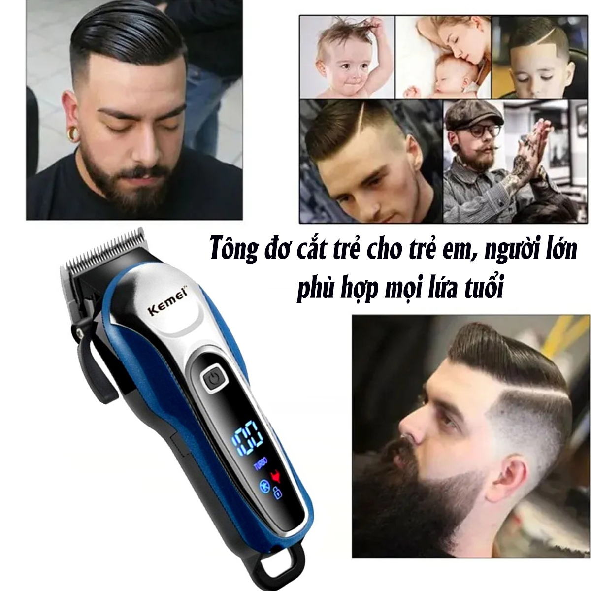 Tông đơ cắt tóc không dây chuyên nghiệp Kemei 1995 Tăng Đơ Hớt Tóc, Máy Cắt Tóc Chuyên Nghiệp Gia Đình,Trẻ Em, màn LCD, chống rung, chống ồn