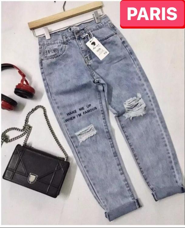 QUẦN BAGGY JEAN NỮ CHẤT BÒ RÁCH IN CHỮ ĐÙI LƯNG CAO NÂNG MÔNG HÀN QUỐC PR-3051 CAO CẤP - PARIS FASHION