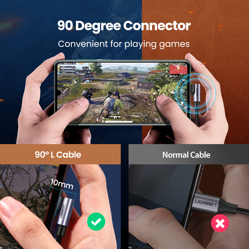 Cáp UGREEN 60W USB C sang USB C Cáp sạc nhanh USB C góc phải Tương thích với MacBook Pro Air, iPad Pro Mini Air Samsung S23 S22 Xiaomi 11t 12t Switch Model:50123