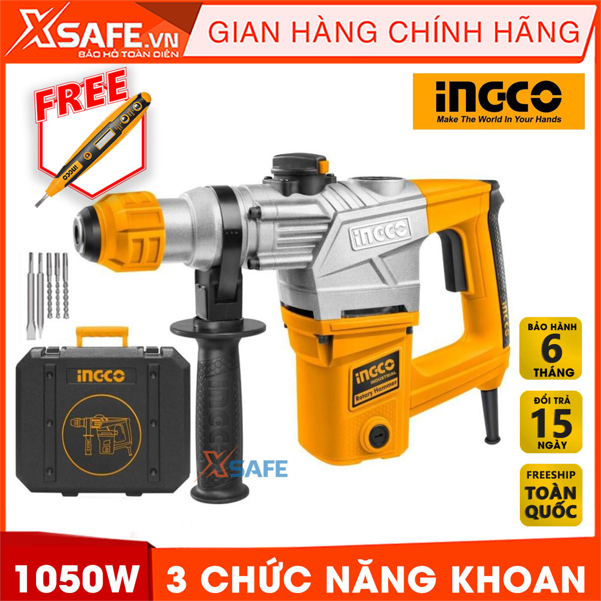 Machine drill chisel 1050W INGCO RH10508 attached 3 drill bit Tuck and 2 tip chisel. Machine drill chisel hand have no-load speed 900 within minutes, speed beating 4000 BPM, force beating 5J, genuine warranty 6 months-product genuine XSAFE