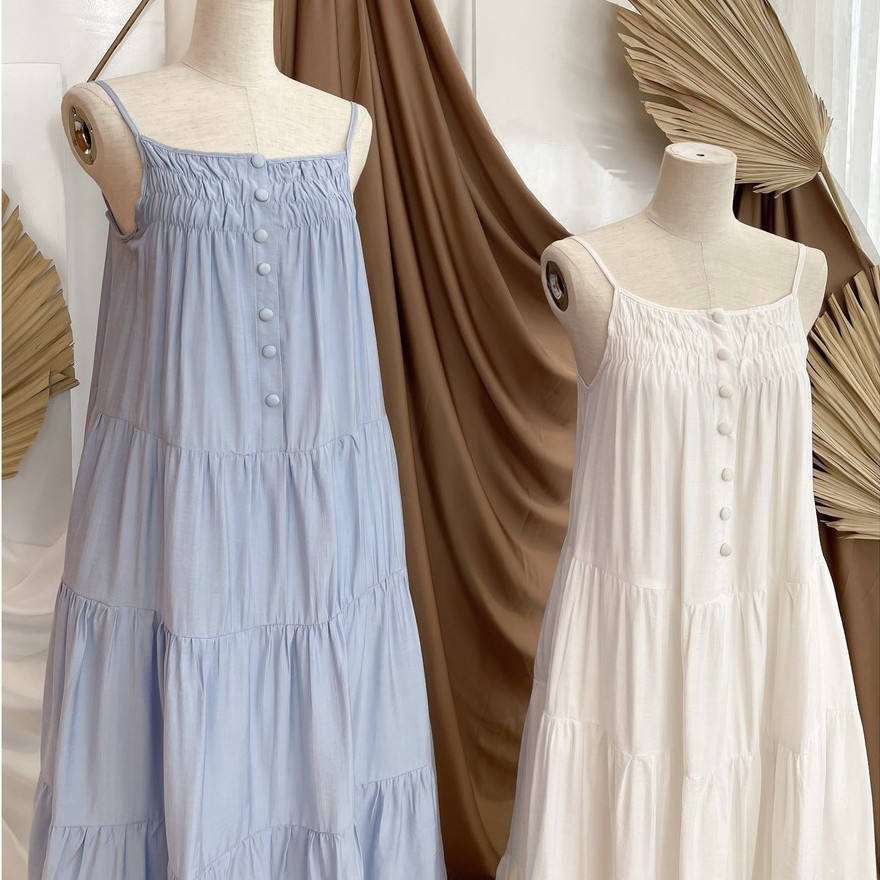 [Ảnh thật] Đầm maxi 2 dây tơ xước nhiều tầng nút bọc