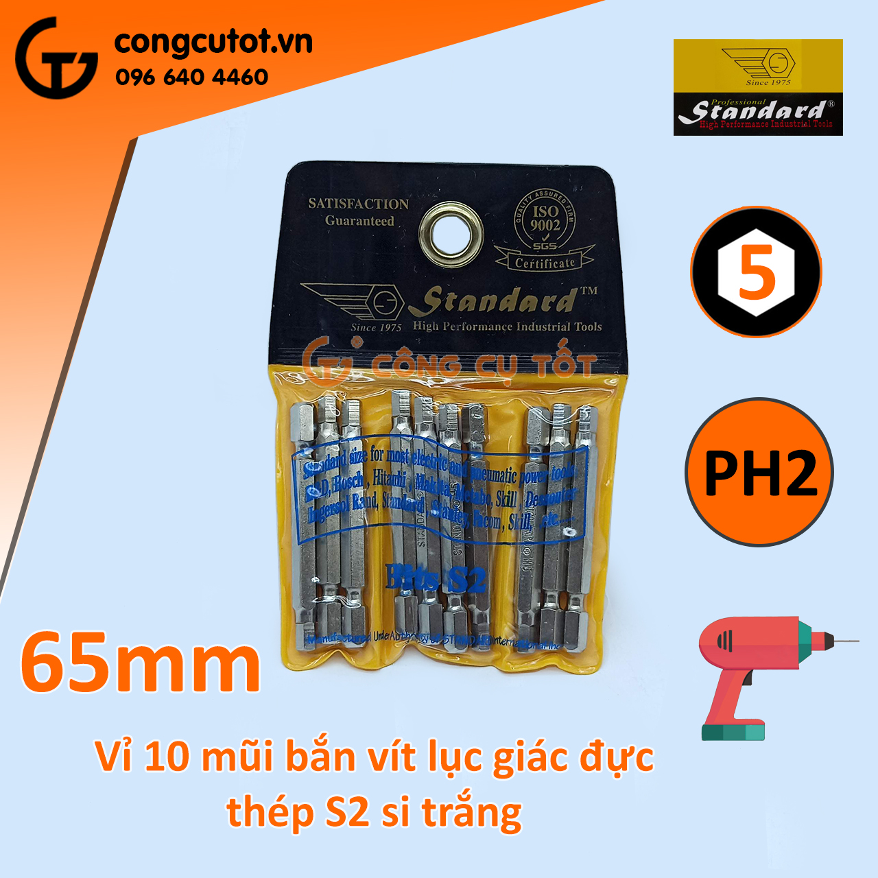 Vỉ 10 Đầu bắt vít lục giác đực Standard dài 65mm