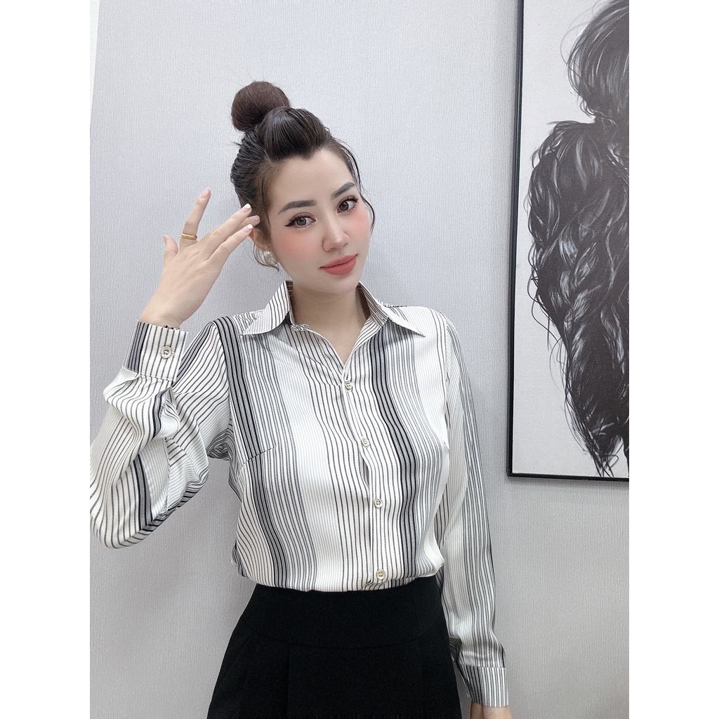 Áo sơ mi nữ lụa dài tay cao cấp công sở họa tiết kẻ sọc ghi thanh lịch, áo sơ mi họa tiết thiết kế MQ Boutique