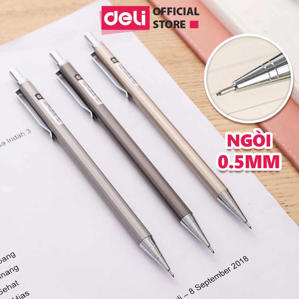Bút chì kim bấm kỹ thuật 0.5mm/0.7mm Deli kèm đầu tẩy thân kim loại chắc chắn, chống hao mòn