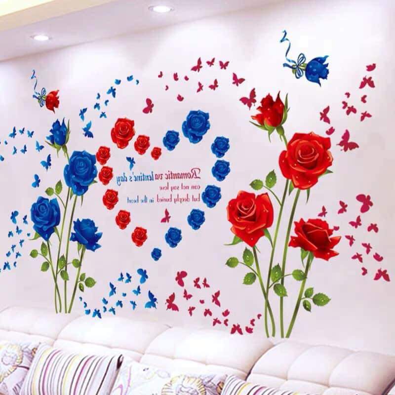 [HCM]DECAL DÁN TƯỜNG ĐÔI HOA HỒNG NHUNG ĐỎ VÀ XANH