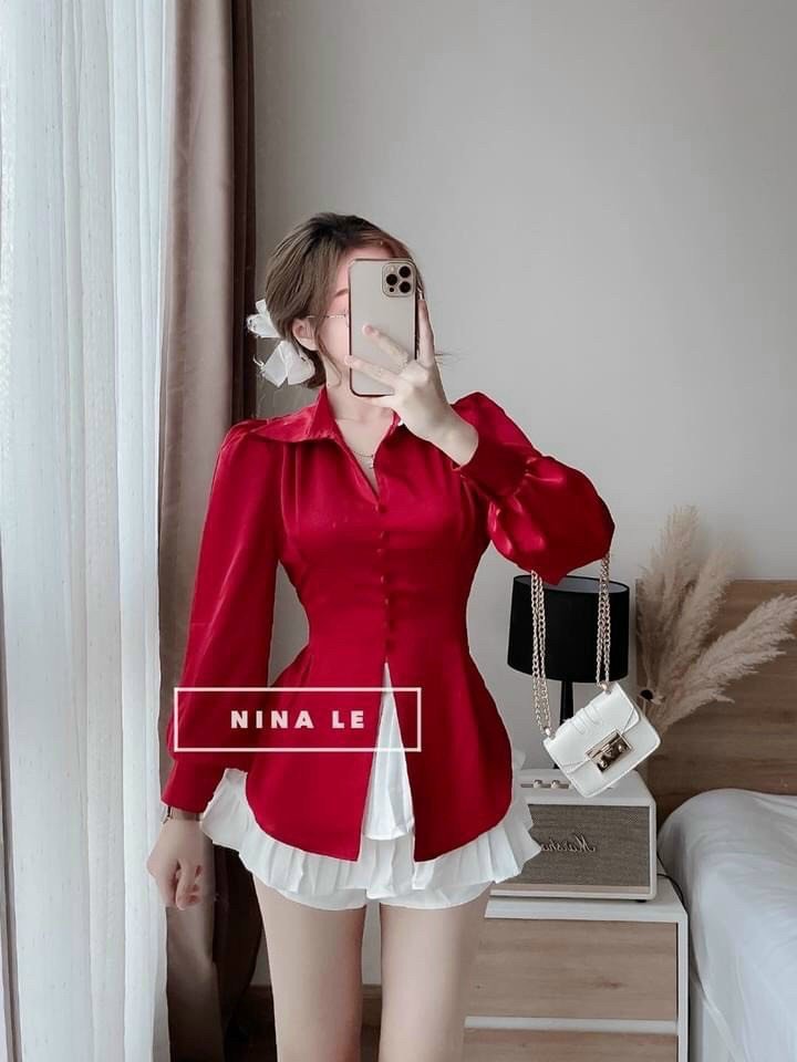 Áo sơ mi kiểu tiểu thư tay dài cách điệu, Chất lụa satin cực đẹp