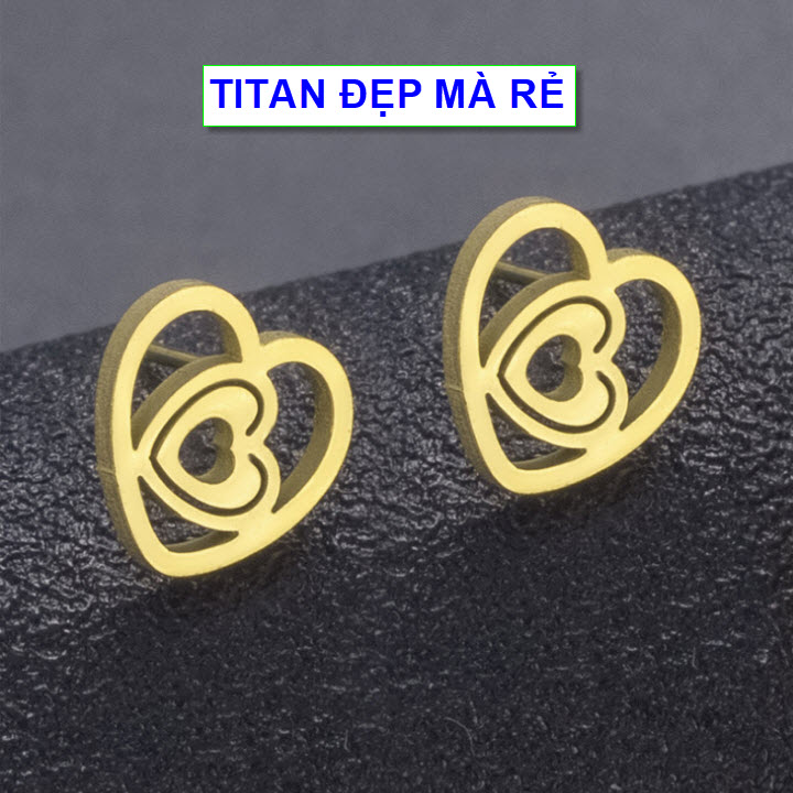 Bông tai vàng titan nữ tim yêu thương - Hàng titan vàng 18k sáng bóng đẹp - Cam kết 1 đổi 1 nếu đen và gỉ sét