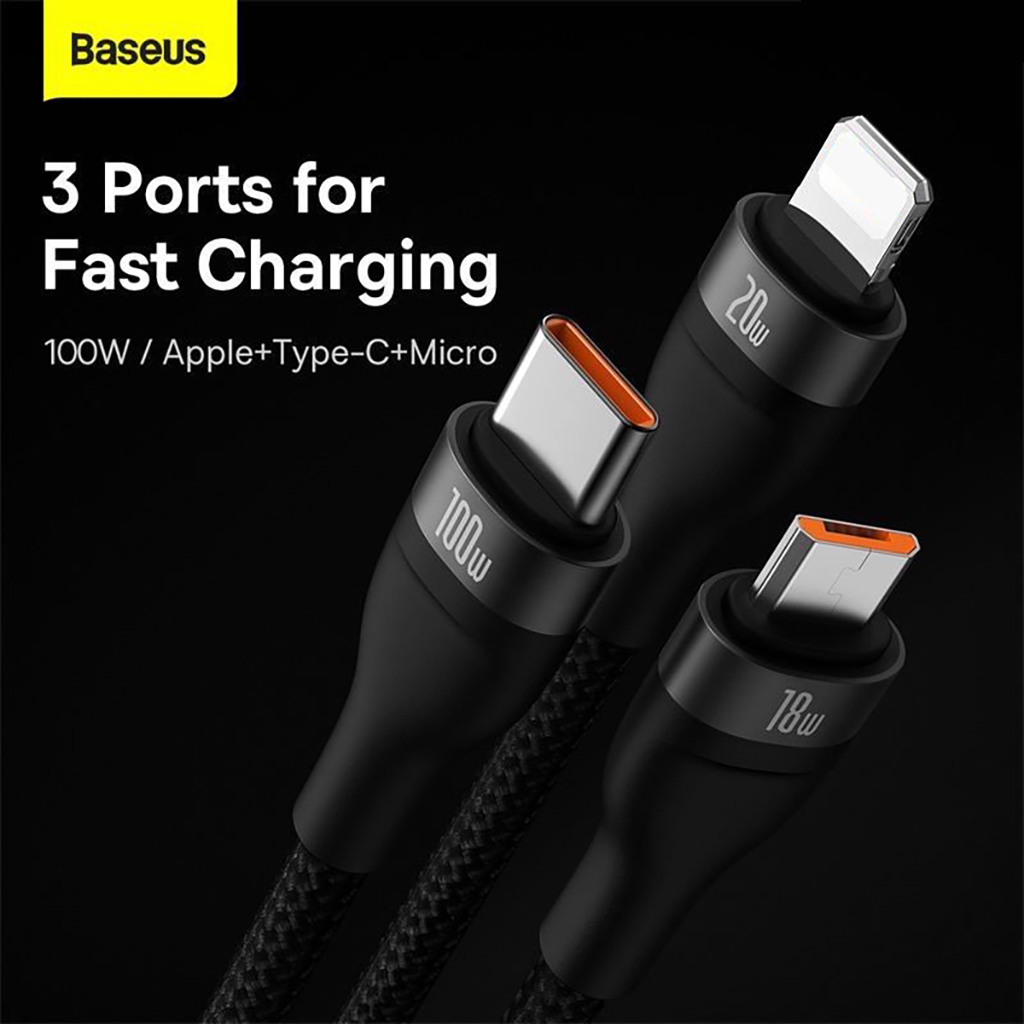 Cáp Sạc Nhanh 3 Đầu Baseus Flash Series 3 in1 Plus 100W (USB + Type C to Micro + Lightning + Type-C)