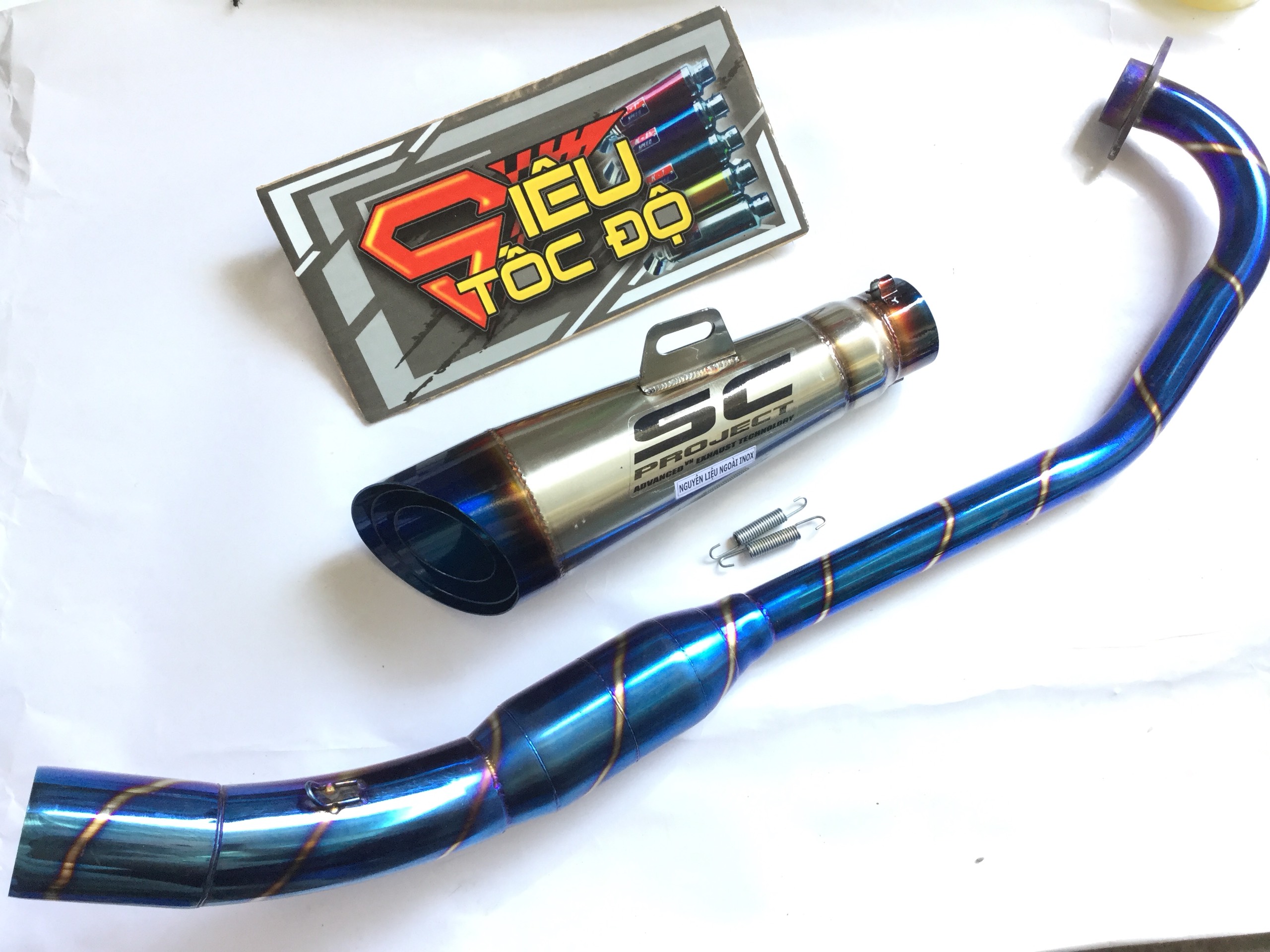 Combo pô sc xéo đuôi xanh bao gồm cả cổ pô bầu hơi titan độ cho xe r15,......