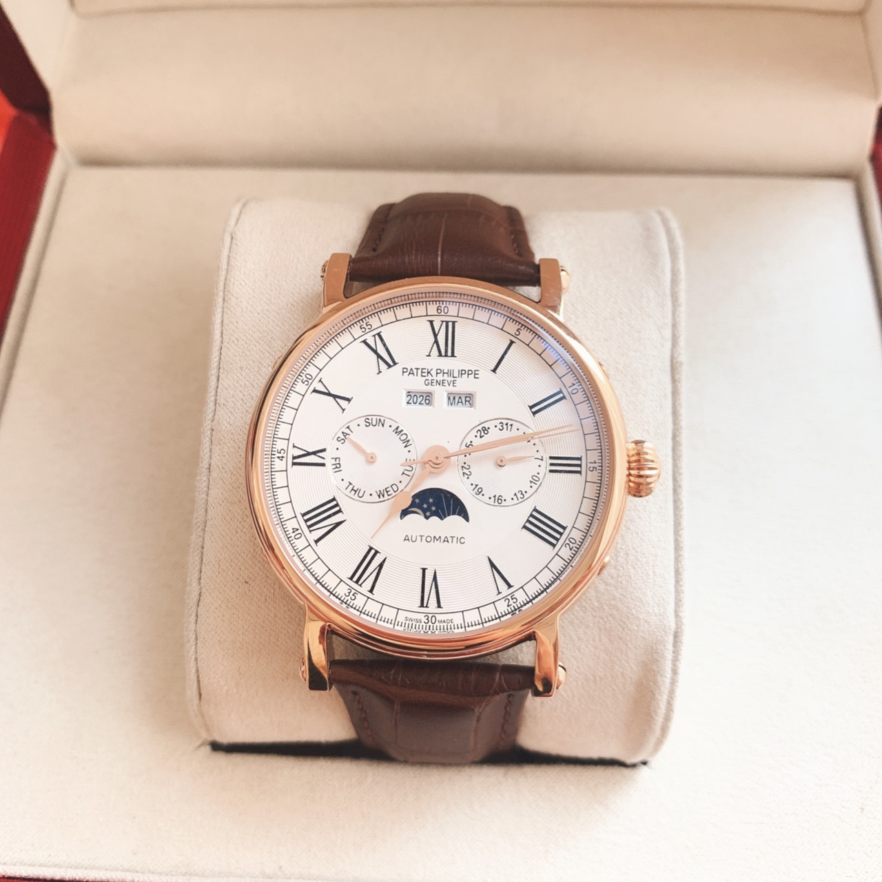 Đồng Hồ Patek Philippe  Nam Automatic Trăng Sao Số La Mã Dây Da + Thẻ Bảo Hành + box