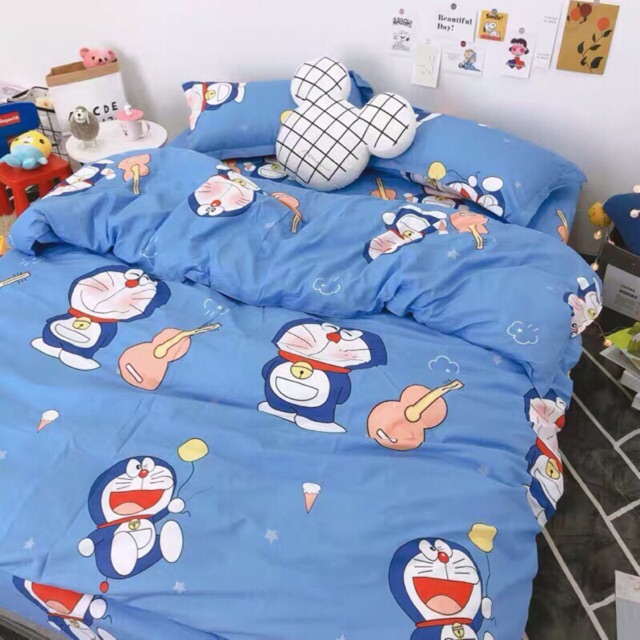 Bộ Ga Gối Cotton ( tặng kèm áo gối ôm ) Mẫu Doremon Đàn